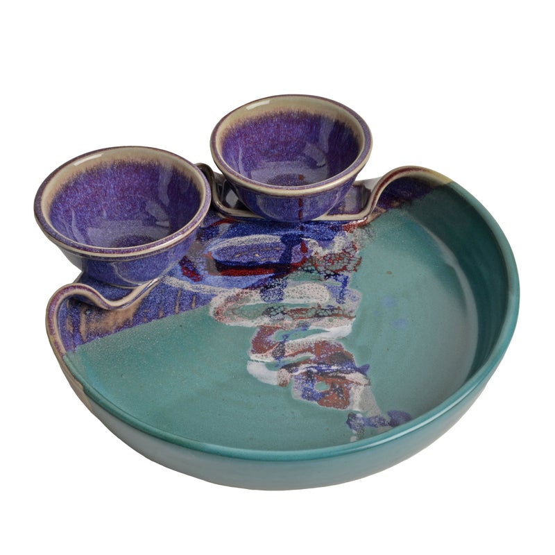 Larrabee Ceramics Larrabee Ceramics Double Bowl Chip and Dip Platter Handmade American Pottery MauveGreen 