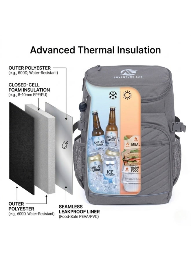 Adventure Lab Insulated Cooler Backpack 30 Cans, Leak Proof Thermal Cooler Bag with Bottle Holders, Large Lightweight Cooler Backpack for Beach, Picnic, Camping & Hiking - Image 3