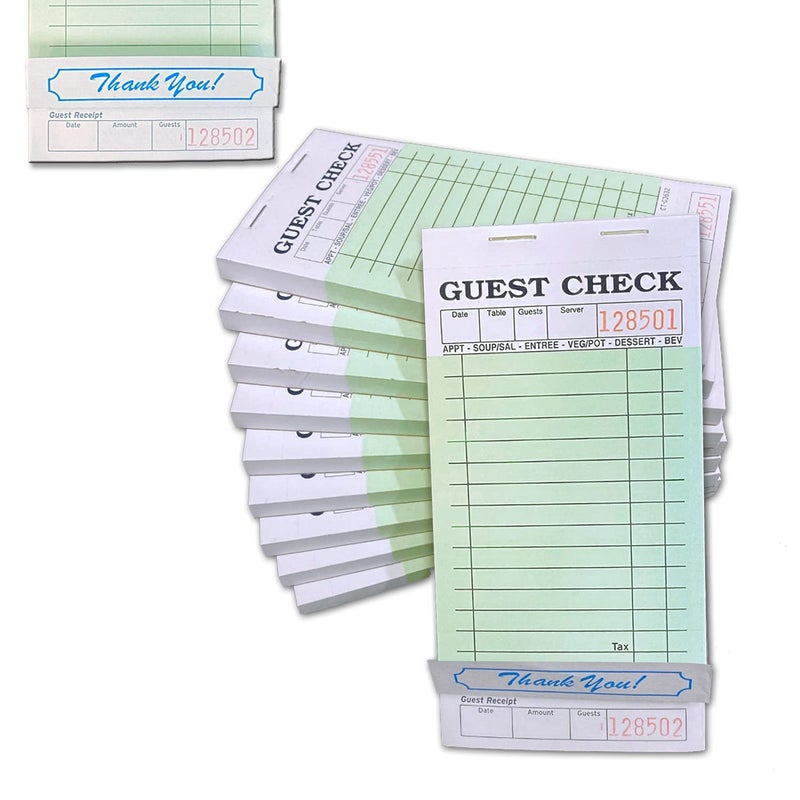 WeiLife 1-Part Guest Check Book, Green & White Carbonless Guest Check Pad (1 Part carbonless) - Image 1
