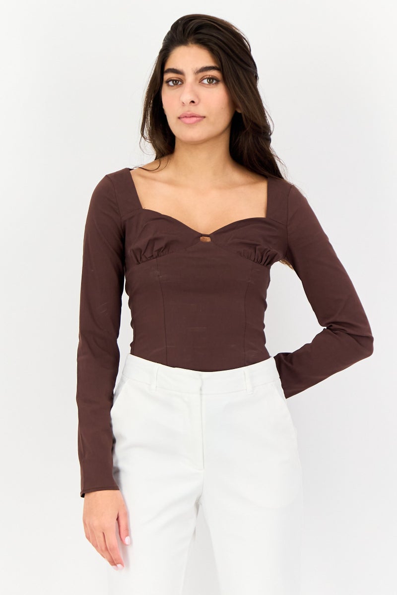 Bershka Women Solid Long Sleeve Bodysuits, Dark Brown - Image 1