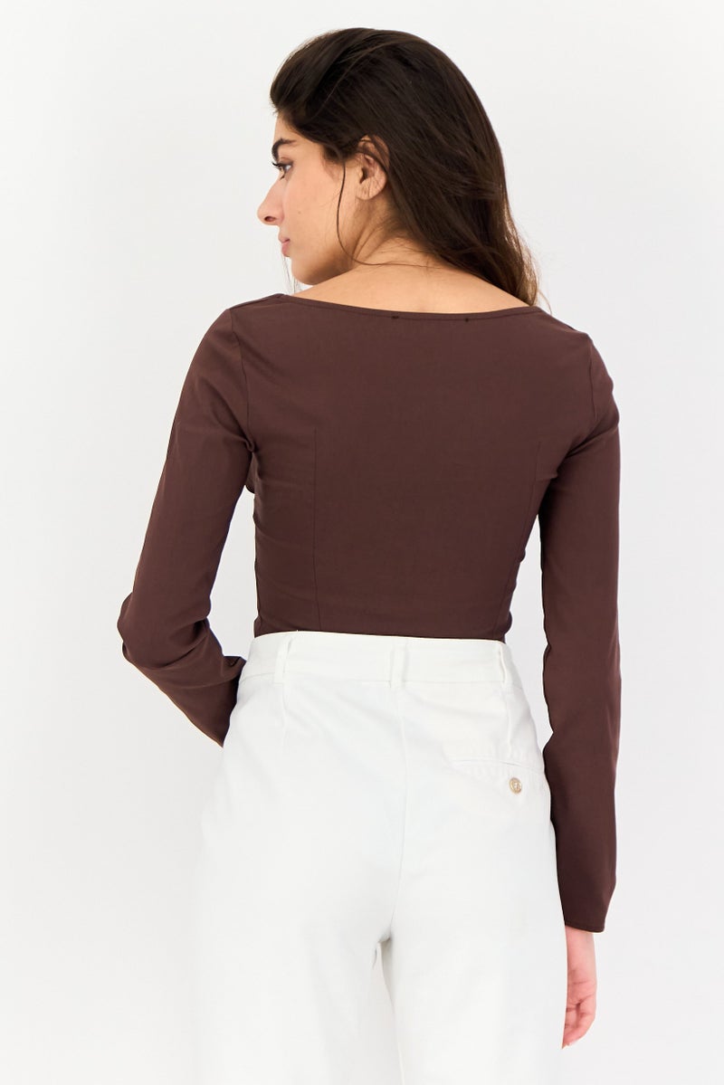 Bershka Women Solid Long Sleeve Bodysuits, Dark Brown - Image 3