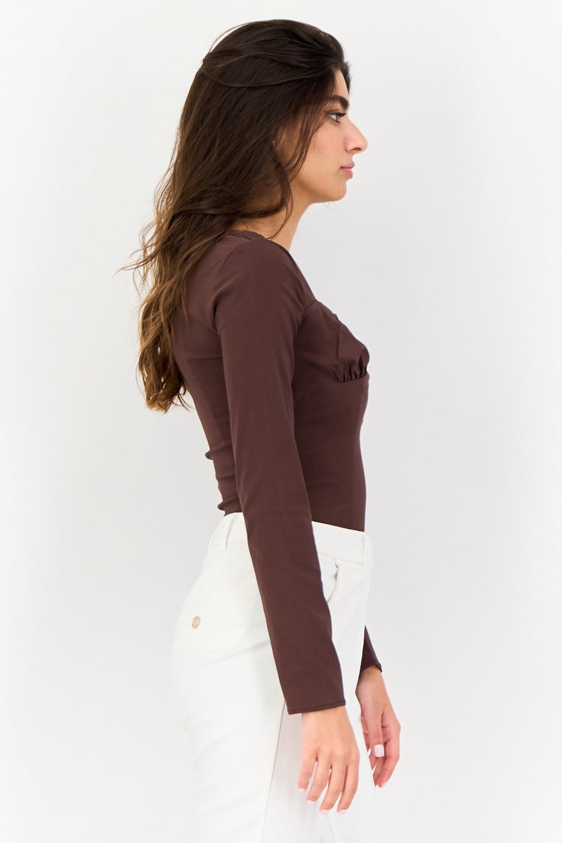 Bershka Women Solid Long Sleeve Bodysuits, Dark Brown - Image 2