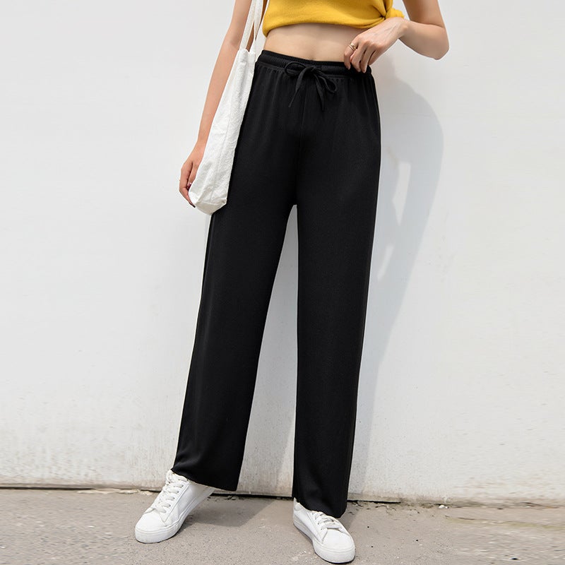 Ice Silk Wide-Leg Pants for Women, Summer High-Waisted, Slimming, Loose, Versatile Straight-Leg, Spring and Autumn Thin Floor-Length Casual Pants Black  - Image 1