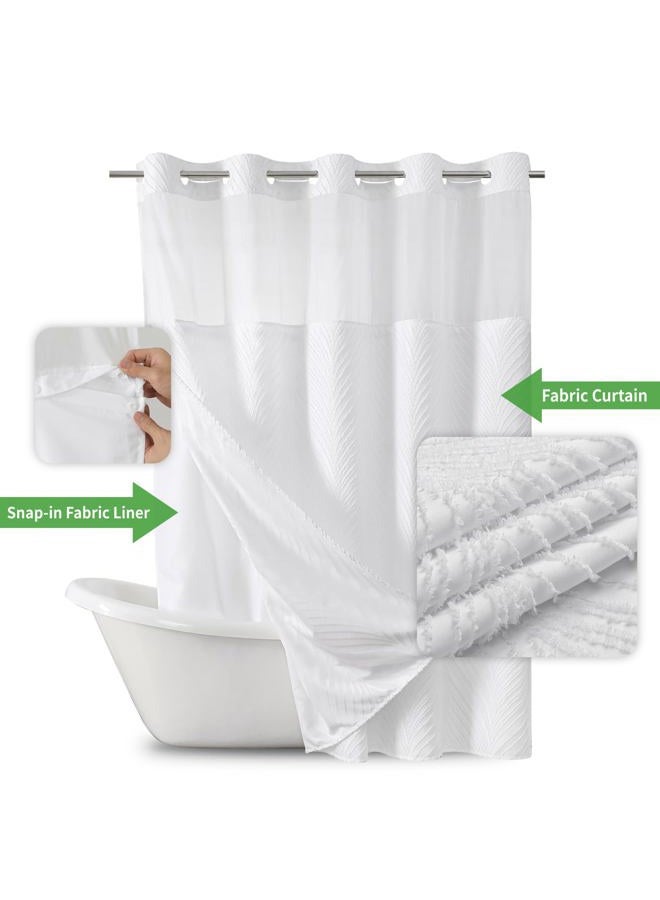 eachope No Hook Shower Curtain and Liner Set,No Hook Tufted Striped Textured Shower Curtain with Snap in Liner Replacement and Waterproof Fabric,Boho Style with See Through Top Window,White,71Wx74H - Image 2