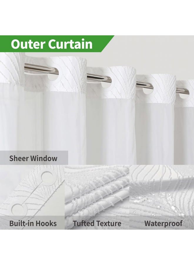 eachope No Hook Shower Curtain and Liner Set,No Hook Tufted Striped Textured Shower Curtain with Snap in Liner Replacement and Waterproof Fabric,Boho Style with See Through Top Window,White,71Wx74H - Image 3