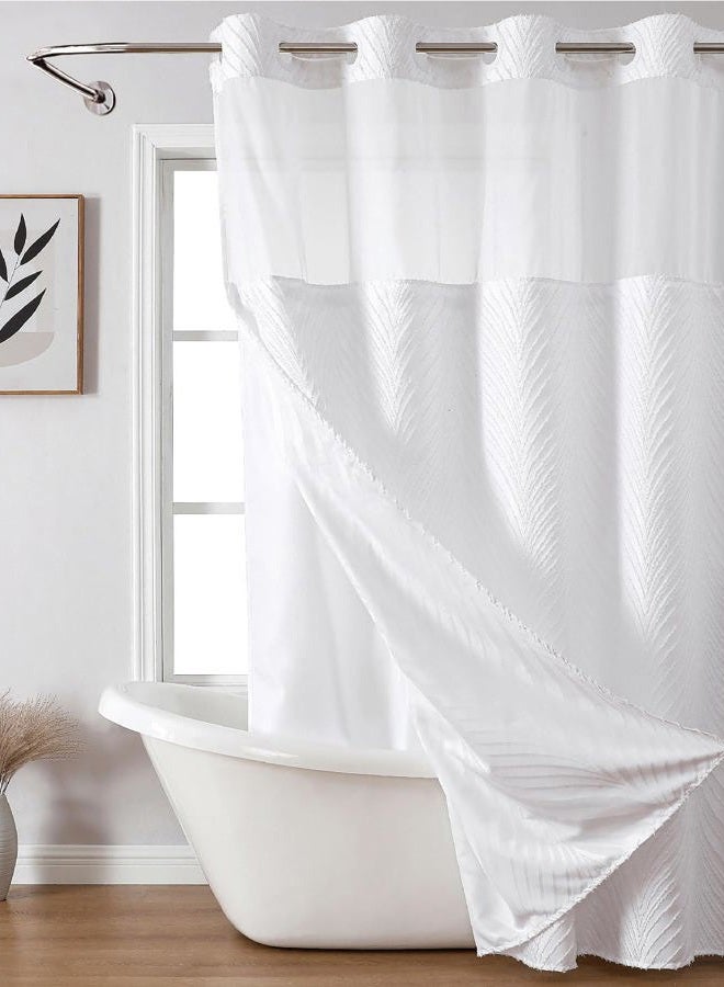 eachope No Hook Shower Curtain and Liner Set,No Hook Tufted Striped Textured Shower Curtain with Snap in Liner Replacement and Waterproof Fabric,Boho Style with See Through Top Window,White,71Wx74H - Image 1