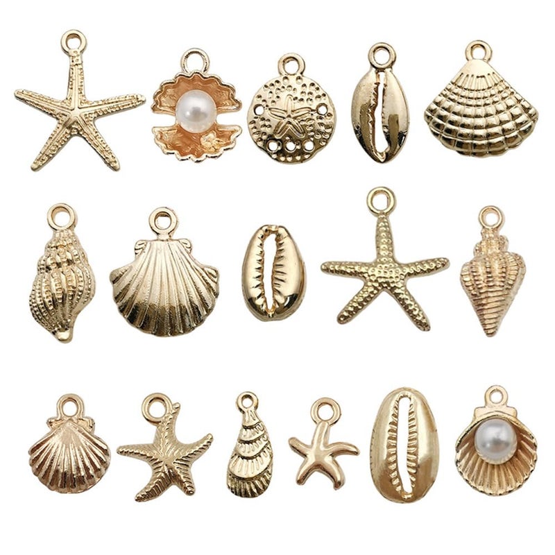 Liyujuping 16Pcs Beach Charms, Summer Pendant Alloy Starfish, Seashells and Conches Beach Charms for Jewelry Making, Necklace Bracelet Earrings Crafting DIY - Image 1