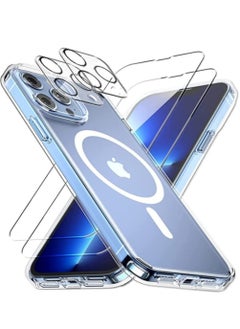 [1+2+2] Case for iPhone 14 Pro, with 2 Pcs Tempered Glass Screen Protector + 2 Pcs Camera Lens Protector, Clear Magnetic Phone Cover for Mag-Safe (Not Original) (iPhone 14 Pro, Magnetic Clear)