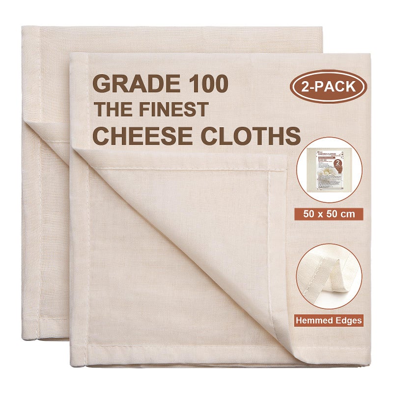 eFond Cheese Cloths for Straining  50x50cm Squares with Hemmed Edges  Grade 100 Ultra Fine Reusable Muslin Cloths  Unbleached Cotton Cheesecloth  for Nut Milk Butter Baking  Cooking 2Pack