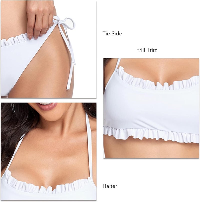 klarako Women Bikini Set Two Piece Halter Tankini Swimsuit Bathing Suit Ruffle Frill Trim Crop Tank Top Bottom Set Swimwear Beachwear - Image 5
