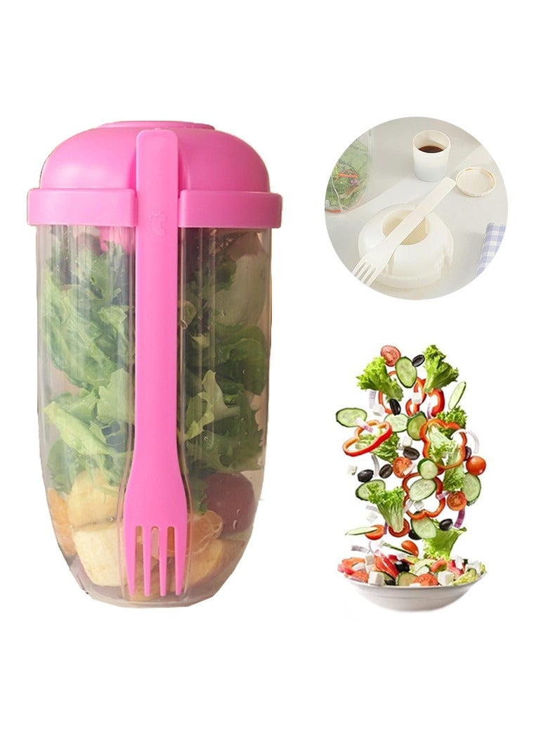 Portable Salad Cup, Salad Meal Shaker Cup with Fork And Sauce Box, Yogurt Cup, Breakfast Cup, Food Storage Bento Box, School Lunch Box (Pink)  - Image 1