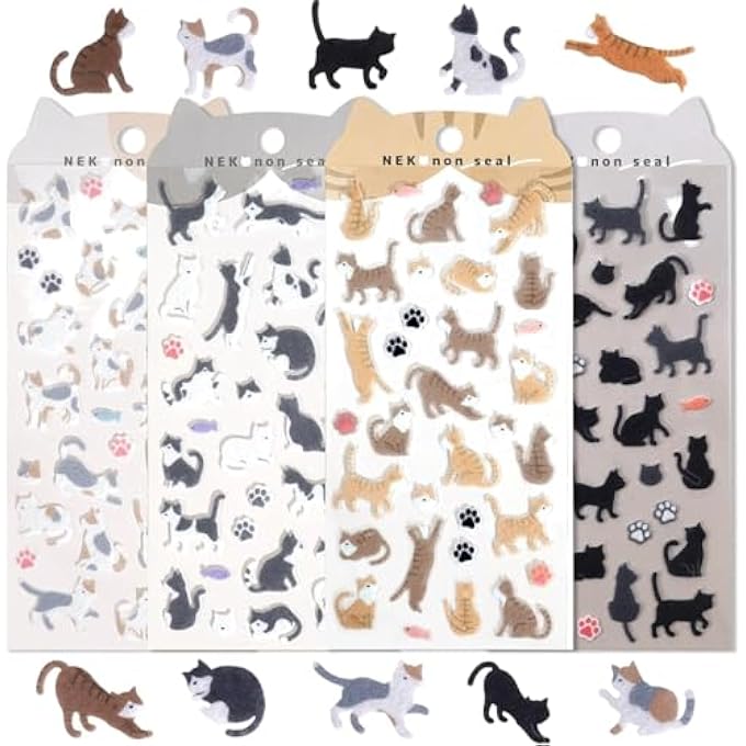 CUTE CAT STICKERS FOR SCRAPBOOKING, KAWAII CAT PAWS AND TUXEDO, TABBY & CALICO DESIGNS, FELT VINTAGE AESTHETIC STICKERS FOR JOURNALING, PLANNER, DIY DECORATION, 4 SHEETS - Image 1