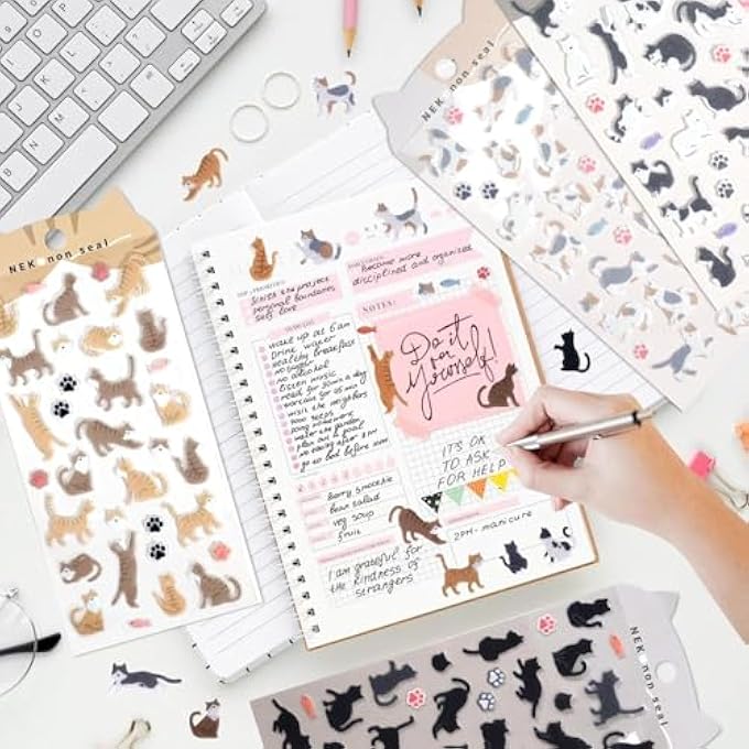CUTE CAT STICKERS FOR SCRAPBOOKING, KAWAII CAT PAWS AND TUXEDO, TABBY & CALICO DESIGNS, FELT VINTAGE AESTHETIC STICKERS FOR JOURNALING, PLANNER, DIY DECORATION, 4 SHEETS - Image 4