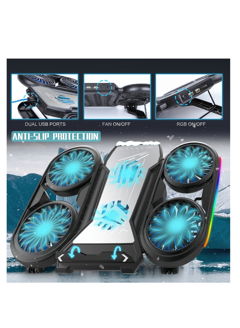 Laptop Cooling Pad, Cooler with 6 Fans Prevent Overheating, Adjustable Height RGB Lights Phone Holder, Dual USB Ports, Low Noise, Suit for All Gaming Computer Up to 17”