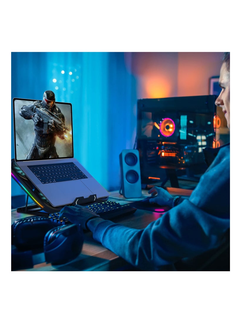 Laptop Cooling Pad, Cooler with 6 Fans Prevent Overheating, Adjustable Height RGB Lights Phone Holder, Dual USB Ports, Low Noise, Suit for All Gaming Computer Up to 17”