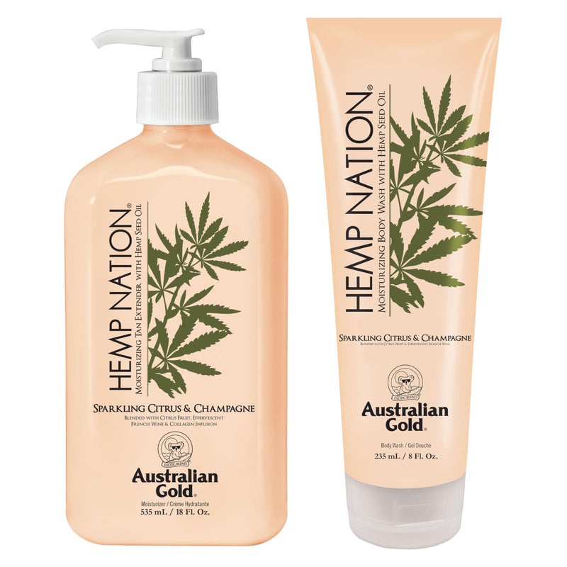 Australian Gold Hemp Nation Sparkling Citrus Champagne Bundle Tan Extender Body Lotion 18 FL Oz Body Wash 8 FL Oz Effervescent Orange Grapefruit French Wine Extract Pure Hemp Seed Oil