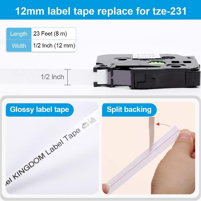 لايبل كينجدوم علامة KINGDOM TZe-231 متوافقة مع شريط طابعة براذر 12 مم 0.47 شريط براذر P Touch H110 1/2 بوصة × 23 قدم أسود على أبيض لآلة صنع العلامات براذر PT-H110 D200 D210 D600، 5 عبوات - Image 2