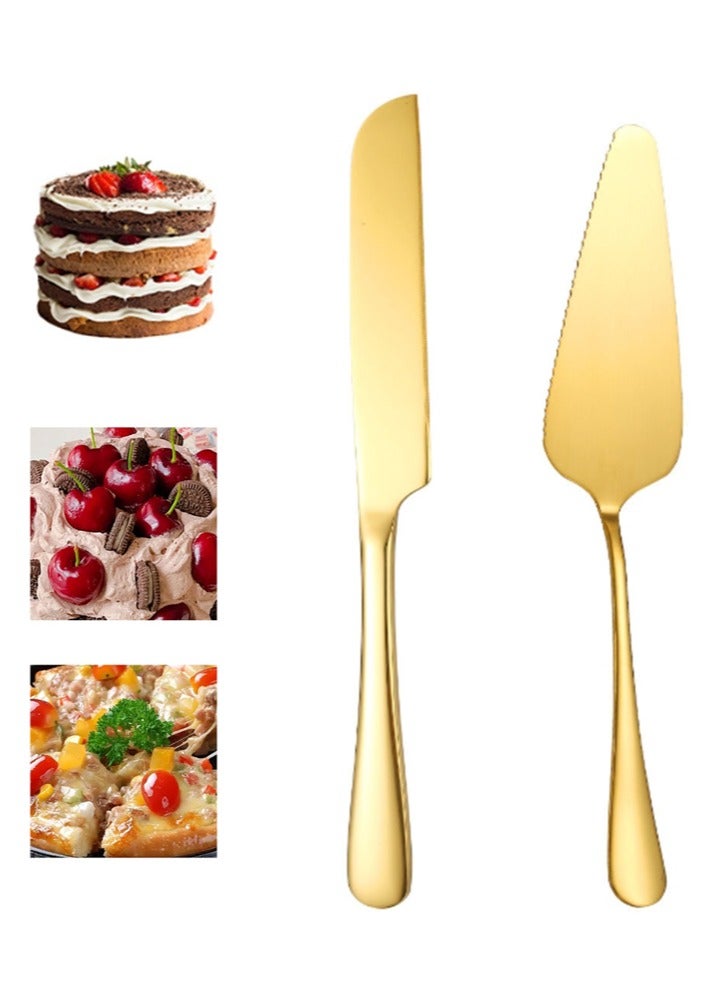 Elegant Cake Knife And Server Set, Thickened Stainless Steel Round Edge, Cake Pizza Dim Sum Bread Shovel, Suitable For Birthday Anniversary Celebrations, 2 Pieces, Gold  - Image 1