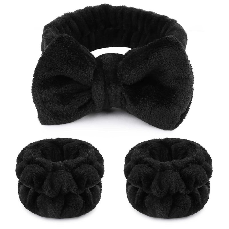 WSYUB Makeup Headbands 1pcs Black Spa Headband Fluffy Bow Tie Headband Microfiber Face Headband and 2Pcs Wrist Spa Wash Band Absorbent Wristbands for Washing Face Skin Care