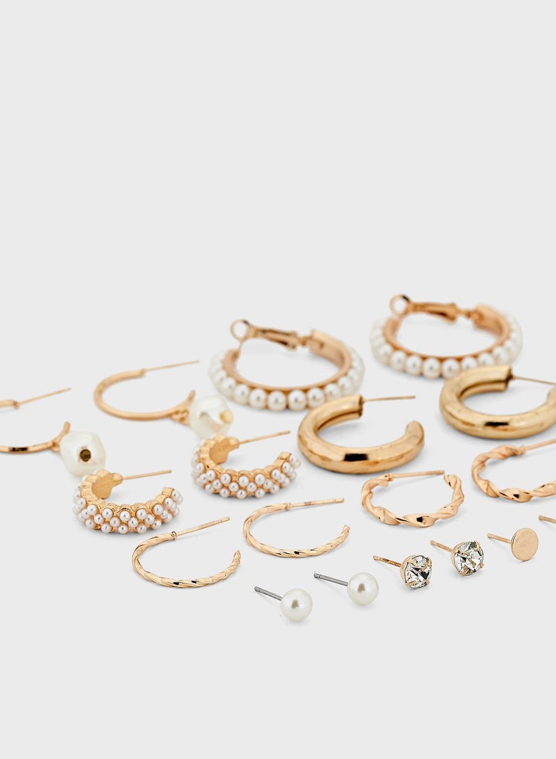 ايلا مجموعة اقراط مزينة بلؤلؤ (9 ازواج) - Image 3