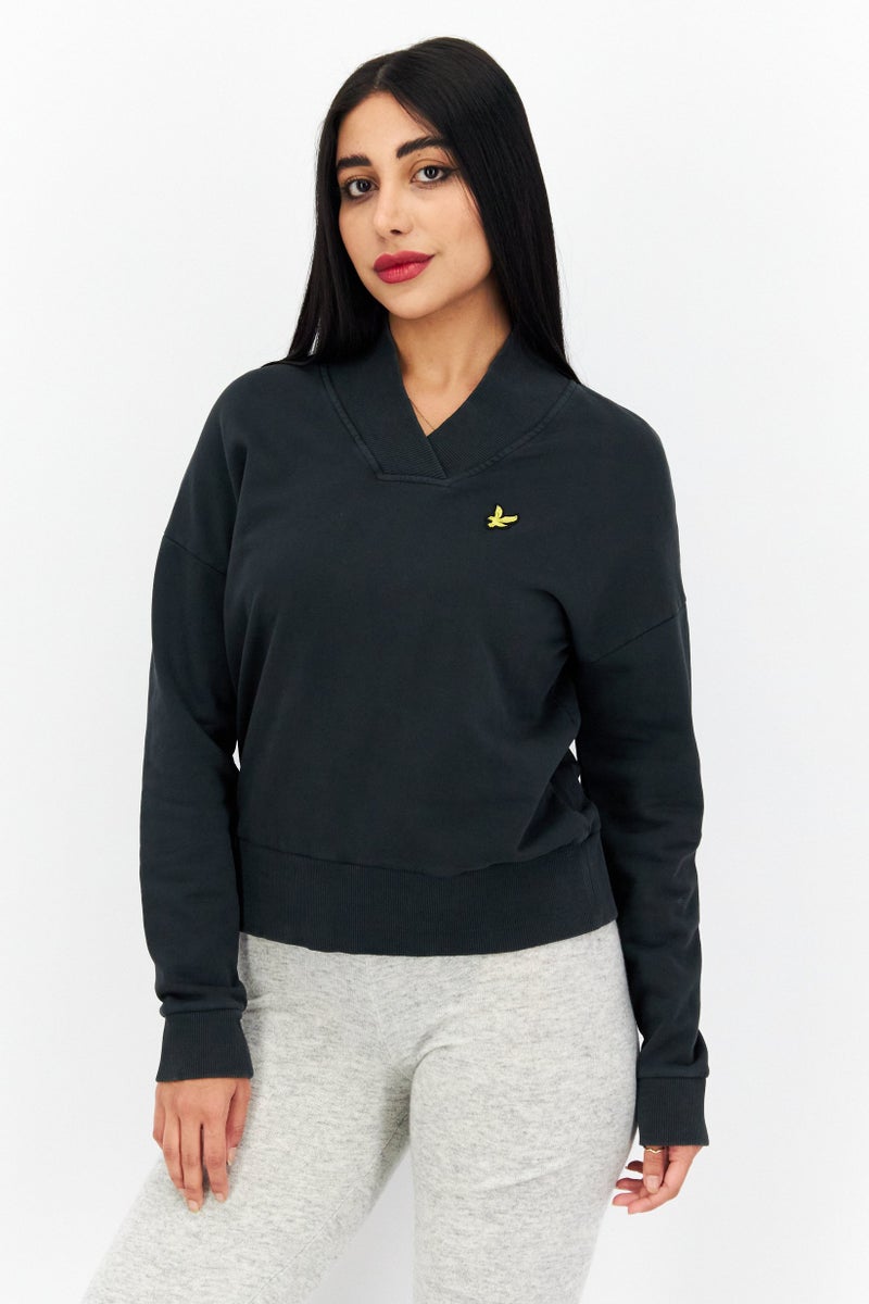Lyle & Scott Women Surplice Neckline Embroidered Logo Sweatshirt, Dark Grey - Image 1