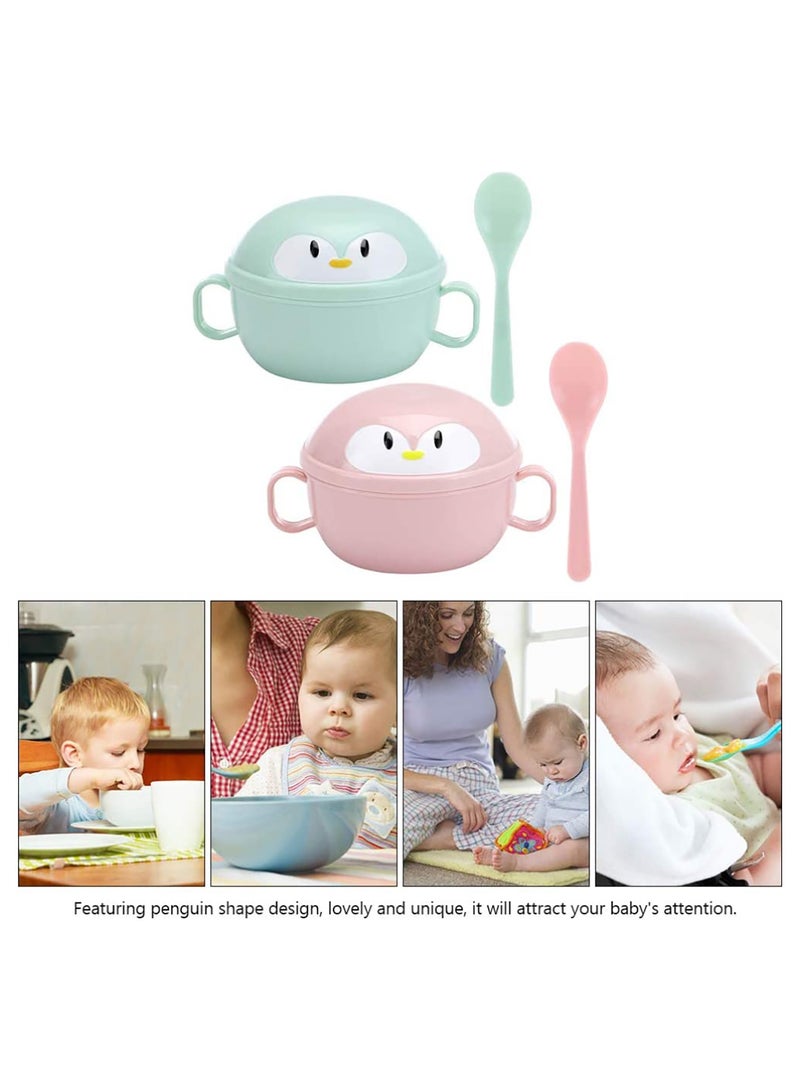 Baby Feeding Bowls with Spoons Stainless Steel Baby Bowl Penguin Baby Food Container Soup Snack Dinnerware with Handles for Infant Toddler Kids (Green) - Image 5