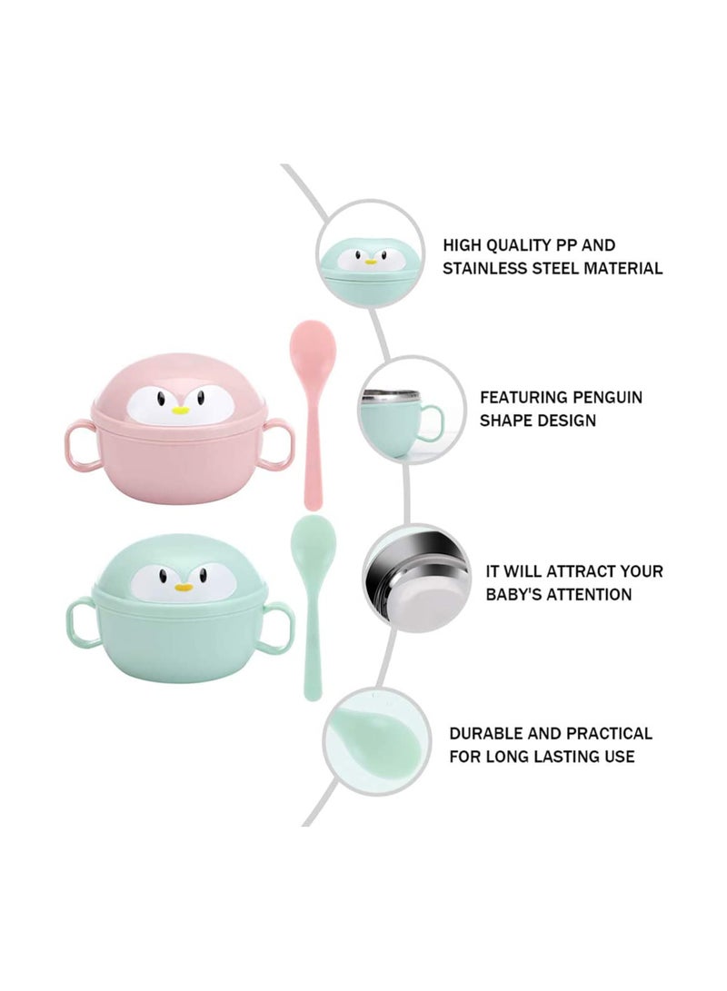 Baby Feeding Bowls with Spoons Stainless Steel Baby Bowl Penguin Baby Food Container Soup Snack Dinnerware with Handles for Infant Toddler Kids (Green) - Image 3