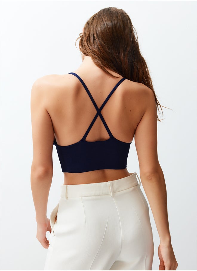 trendyol Navy Blue Super Crop Back Detailed Knitted Thin Blouse TWOSS22BZ0760  - Image 5