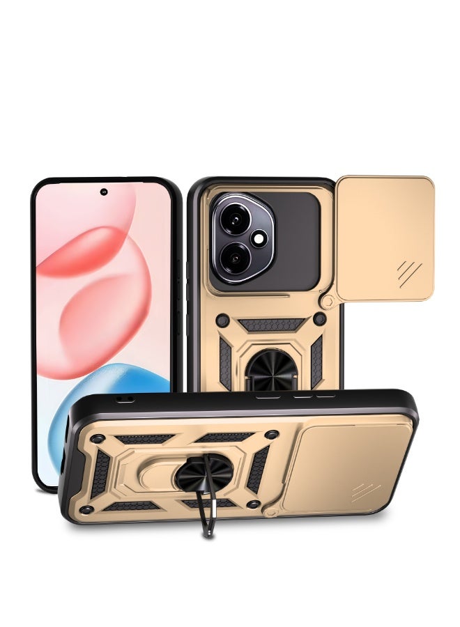 Shunjia Sliding Window Case, Shockproof Rugged Armor with Sliding Camera Cover & 360° Ring Kickstand, Compatible with Honor 400 (Gold)
