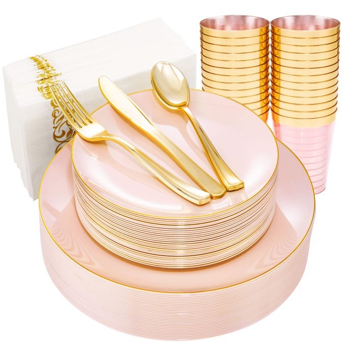 210PCS PLASTIC PINK PLATES WITH GOLD PLASTIC SILVERWARE SET INCLUDE 30PINK DINNER 30 DESSERT PLATES 90GOLD CUTLERY 30GOLD CUPS 30NAPKINS PINK DINNERWARE FOR MOTHERS DAY