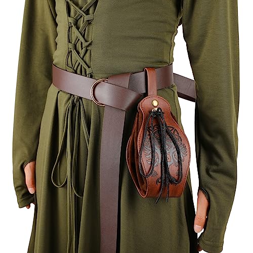 Toulite Women Viking Costume Medieval Renaissance Costume Hooded Dress Viking Belt Leather Pouch Belt(X-Large,Army Green) - Image 3
