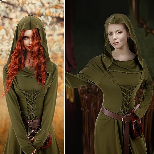 Toulite Women Viking Costume Medieval Renaissance Costume Hooded Dress Viking Belt Leather Pouch Belt(X-Large,Army Green) - Image 4