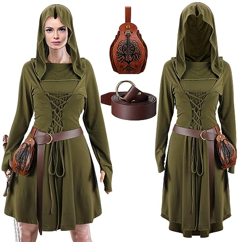 Toulite Women Viking Costume Medieval Renaissance Costume Hooded Dress Viking Belt Leather Pouch Belt(X-Large,Army Green) - Image 1