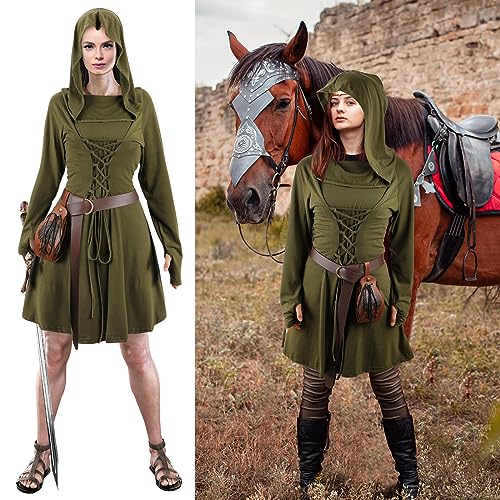 Toulite Women Viking Costume Medieval Renaissance Costume Hooded Dress Viking Belt Leather Pouch Belt(X-Large,Army Green) - Image 2