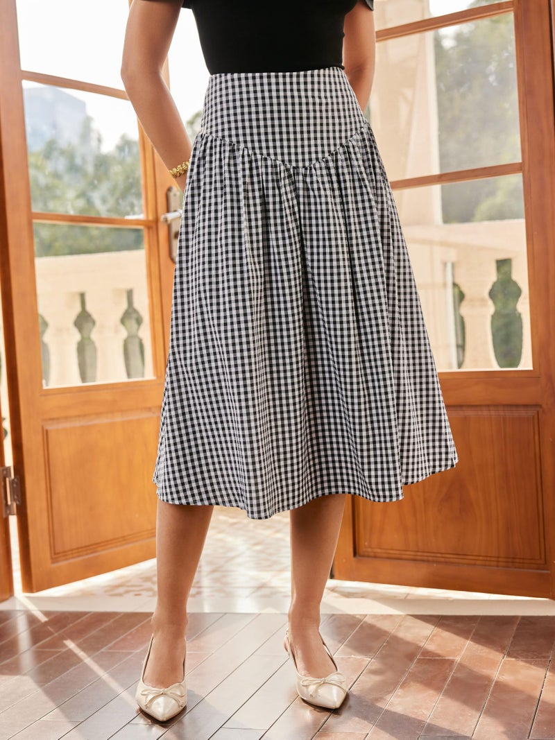 CIDER Gingham Maxi Skirts for Women A Line High Waist Long Plaid Skirt Summer Beach Vacation Outfits Trendy Black - Image 4