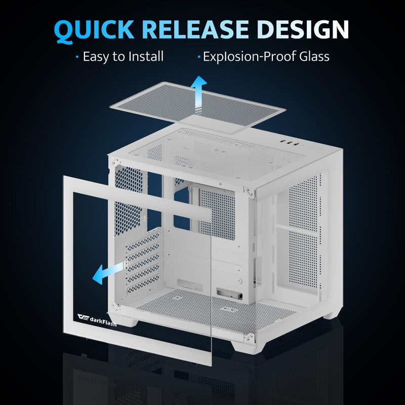 darkFlash ITX PC Case, Pre-Install 3 PWM ARGB Fans Computer Case, Full View Dual Tempered Glass ITX Case, Mini Size, Supports 240mm AIO(C275P) (White) - Image 2