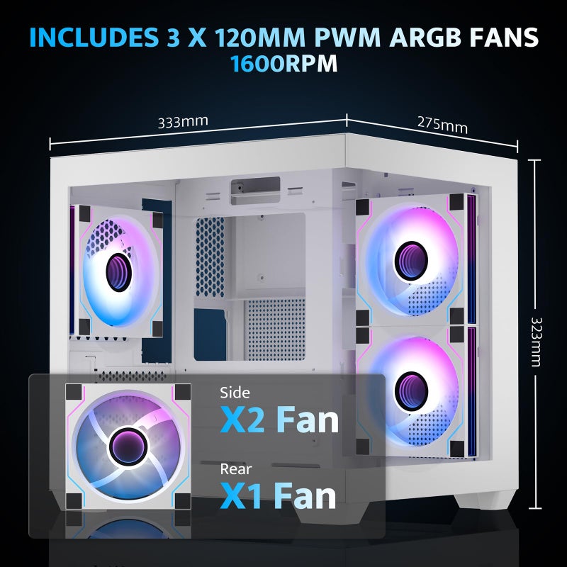 darkFlash ITX PC Case, Pre-Install 3 PWM ARGB Fans Computer Case, Full View Dual Tempered Glass ITX Case, Mini Size, Supports 240mm AIO(C275P) (White) - Image 3