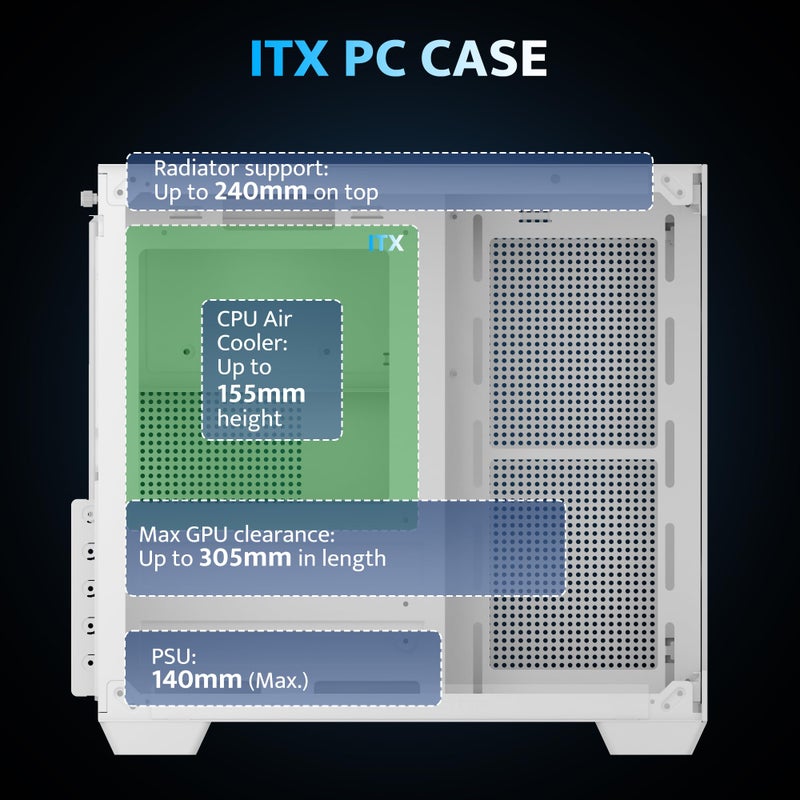 darkFlash ITX PC Case, Pre-Install 3 PWM ARGB Fans Computer Case, Full View Dual Tempered Glass ITX Case, Mini Size, Supports 240mm AIO(C275P) (White) - Image 4