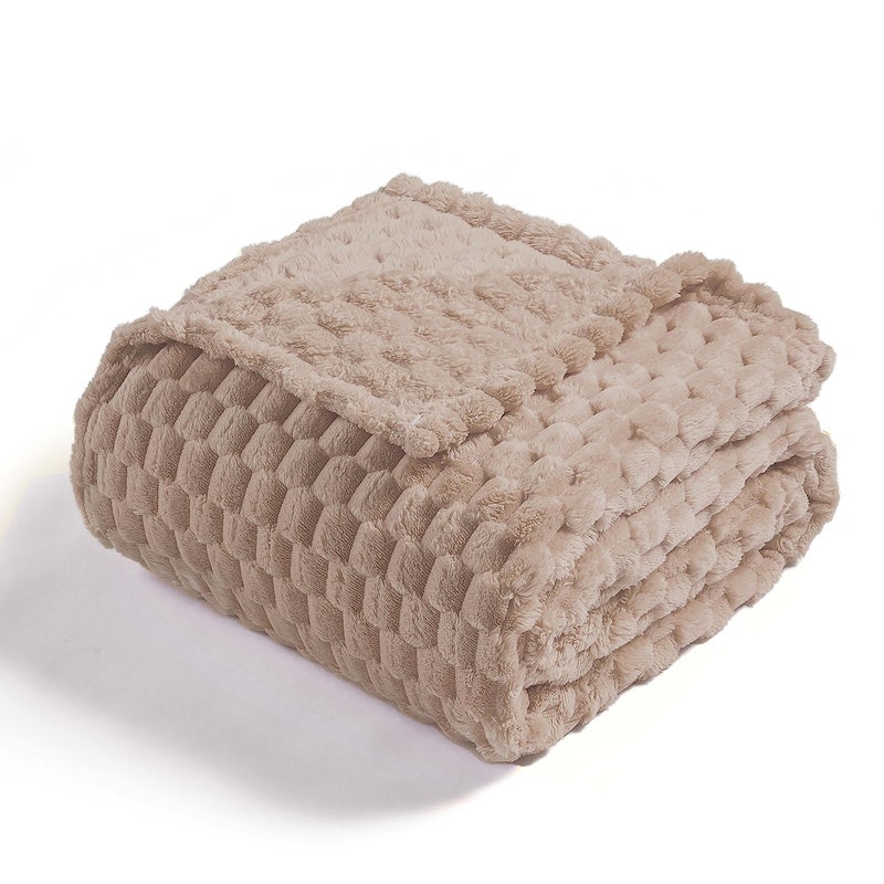 Vessia Flannel Fleece Throw Blanket for Kids and Adults  3D Jacquard Camel Fuzzy and Warm Blanket for Couch Sofa Bed Chair  300GSM Soft Touch Cozy Brown Throw for All-Season Home Decor(50x40inch) - Image 1