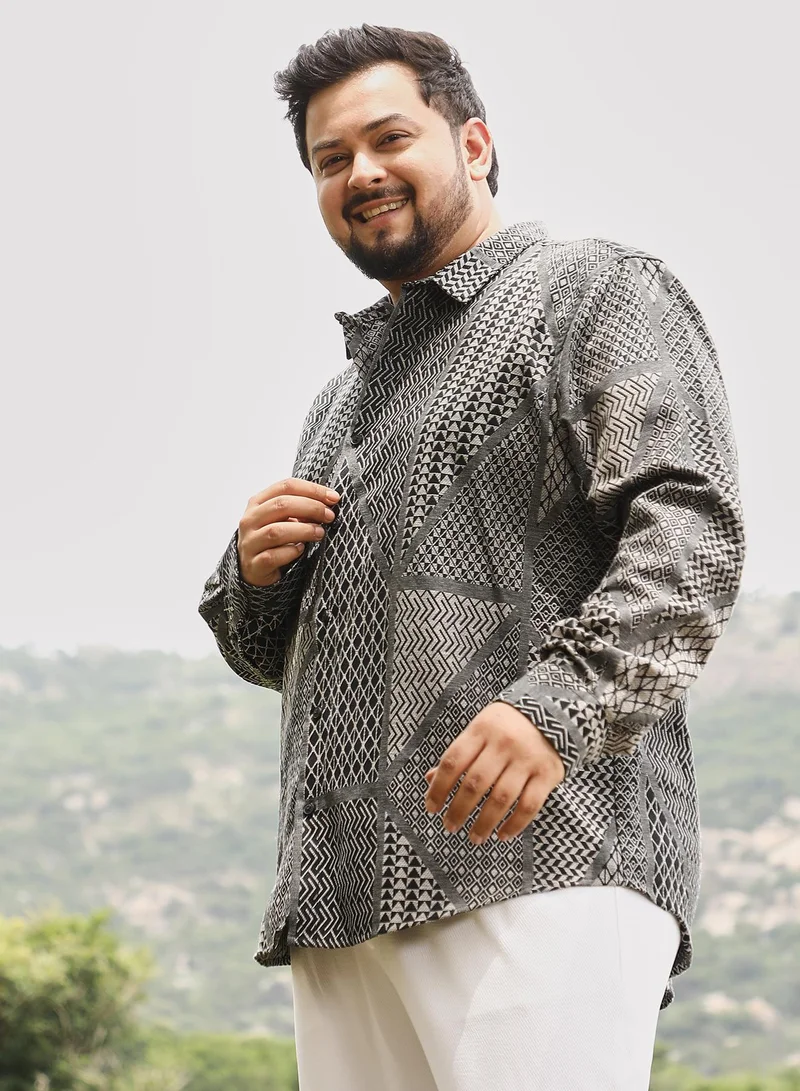 Instafab Plus  Instafab Men's Coin Grey & Onyx Black Mono-Kaleidoscopic Jacquard Shirt | Spread Collar , Long Cuffed Sleeves , Button Closure | Geometric Jacquard | Cotton-Blend Shirt For Casual Wear for Men | Best Price UAE