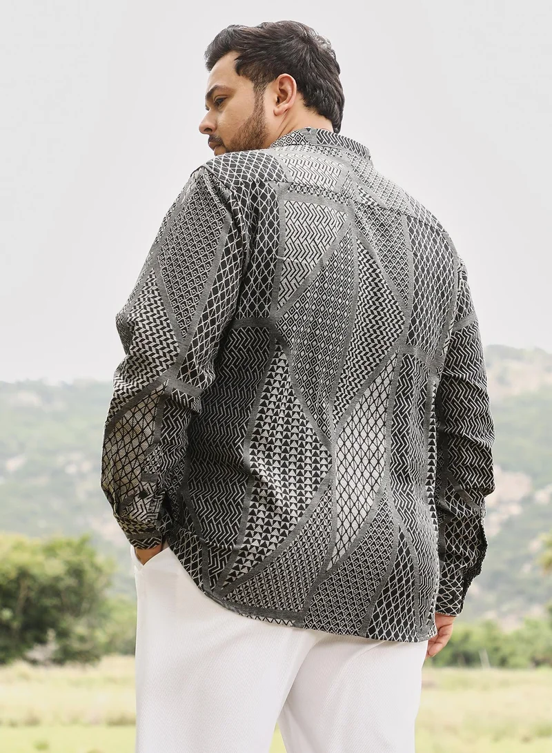Instafab Plus  Instafab Men's Coin Grey & Onyx Black Mono-Kaleidoscopic Jacquard Shirt | Spread Collar , Long Cuffed Sleeves , Button Closure | Geometric Jacquard | Cotton-Blend Shirt For Casual Wear for Men | Best Price UAE