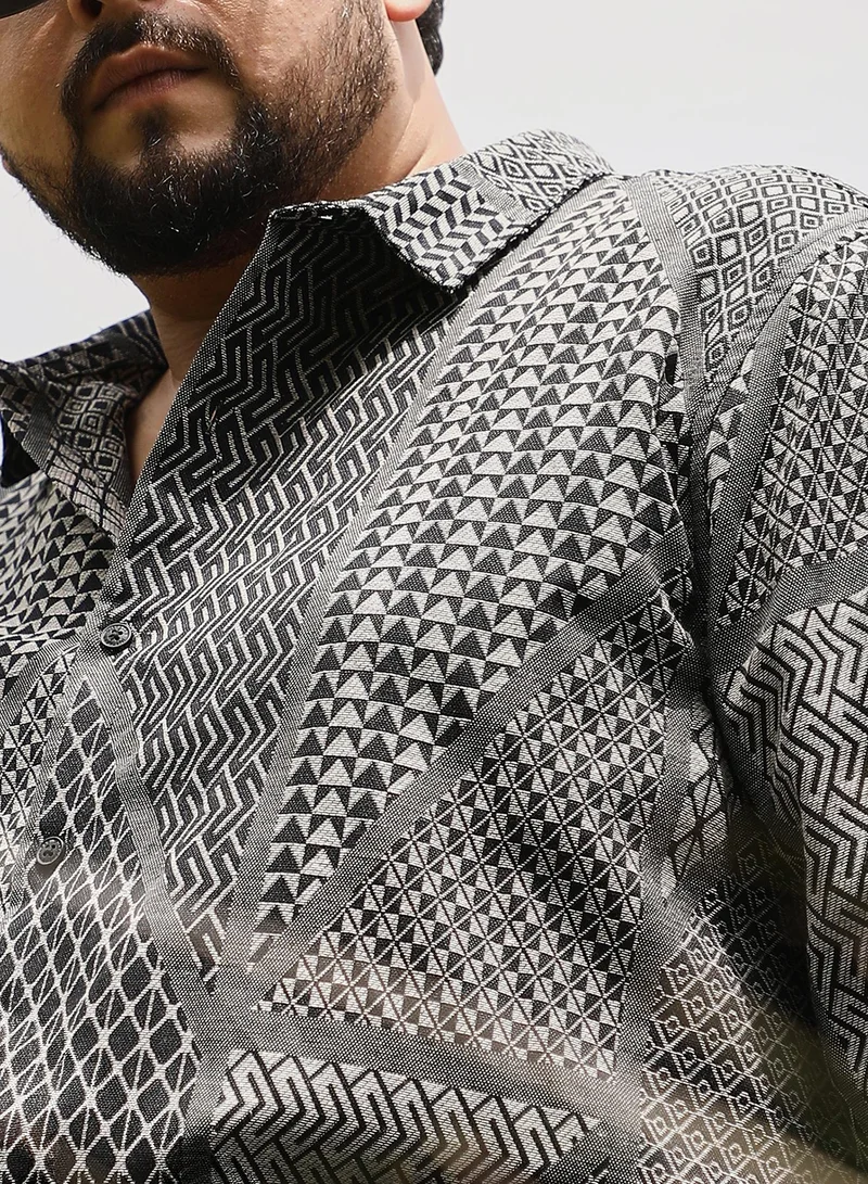 Instafab Plus  Instafab Men's Coin Grey & Onyx Black Mono-Kaleidoscopic Jacquard Shirt | Spread Collar , Long Cuffed Sleeves , Button Closure | Geometric Jacquard | Cotton-Blend Shirt For Casual Wear for Men | Best Price UAE