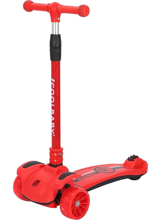 سكوتر بـ3 عجلات ودواسة كبيرة وتصميم قابل للطي ومزود بموسيقى وعجلات بإضاءة ليد مصنوعة من البولي يوريثان بارتفاع قابل للتعديل مناسب للأطفال من 3 إلى 12 سنة من كول بيبي، لون أحمر