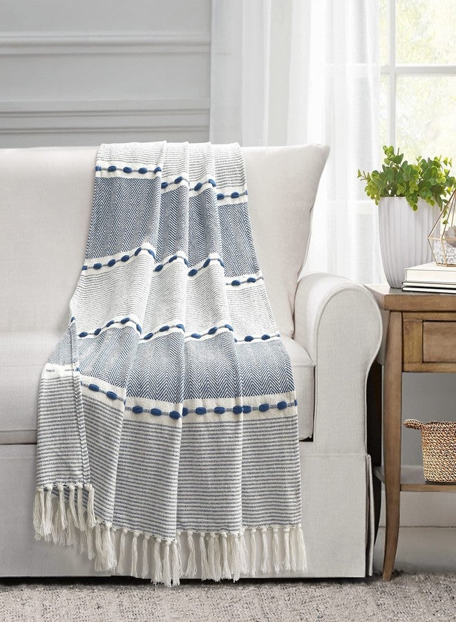 Lush Decor - Throw, Soft Cotton Woven Tassel Blanket, Ideal for Couch, Bed, or Chair (Herringbone Stripe Navy, 50" x 60") - Image 1