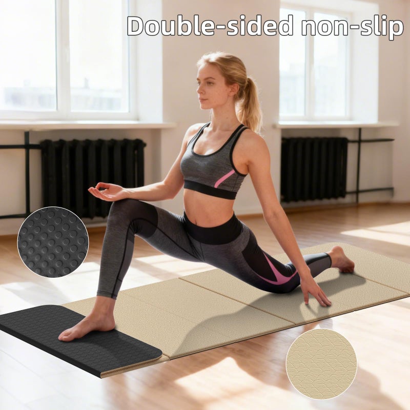 WUWAN Foldable Yoga Mat Thick 10mm-WUWAN Extra Large Exercise Mat, TPE Material, Non-Slip Fitness Folding Mat Easy to Carry, Suitable for Home Workout Travel Pilates (75" x40",2/5") (Beige) - Image 3