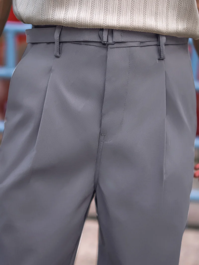 مانياك بنطلون رجالي قطن مخلوط بلون رمادي فاتح بحزام