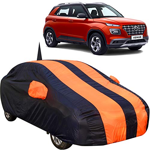 The Autostory 190 Taffeta Water Resistant Car Body Cover Compatible with Hyundai Venue with Mirror & Antenna Pockets (Orange/Navy Blue) - Image 1