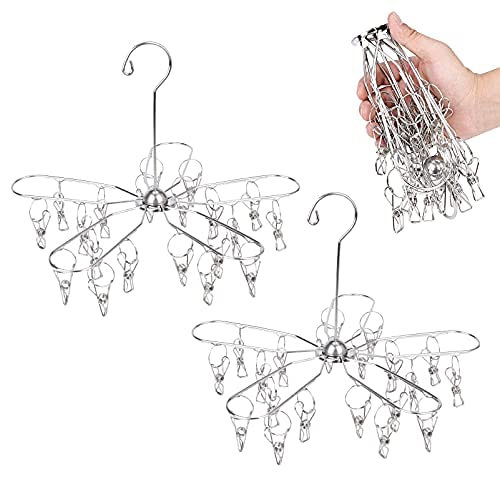 Estoder Estoder Foldable Clothes Drying Hanger Stainless Steel Laundry Drying Rack with 20 Clips Sock Dryer Hanger for Hanging Underwear Towels Baby Clothes Lingerie Bra Hat Scarf Gloves Diapers 