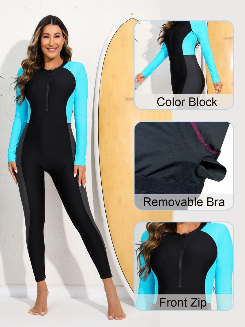 ALLTOKE Womens Full Body Rash Guard with Built in Bra Long Sleeve One Piece Swimsuit UPF50+ Zip Front Bathing Suit Black Light Blue XS - Image 3