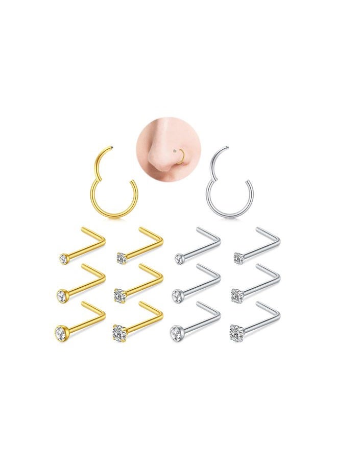 Mayhoop Nose Rings Hoops and Nose Rings Studs Sets for Women Men,Hypoallergenic 316L Surgical Steel Hinged Clicker Segment Helix Cartilage Daith Tragus Earrings Silver Gold L Shape Nose Studs Real - Image 1